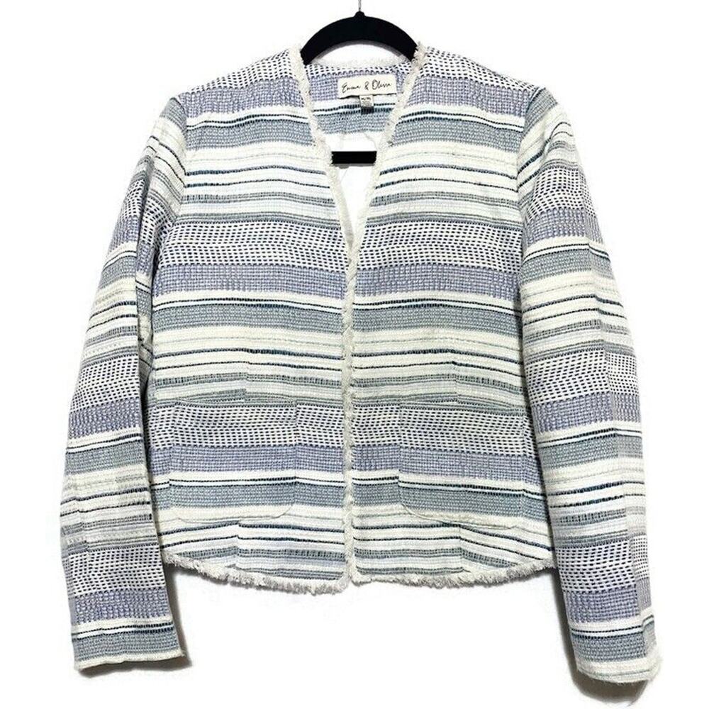 Emma and Olivia Short Blazer Jacket Women's Medium Blue & White Striped